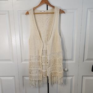 Ruff Hewn‎ Beige Knit Knee Length Vest Fringe SZ LG Boho Hippie Festival Gypsy